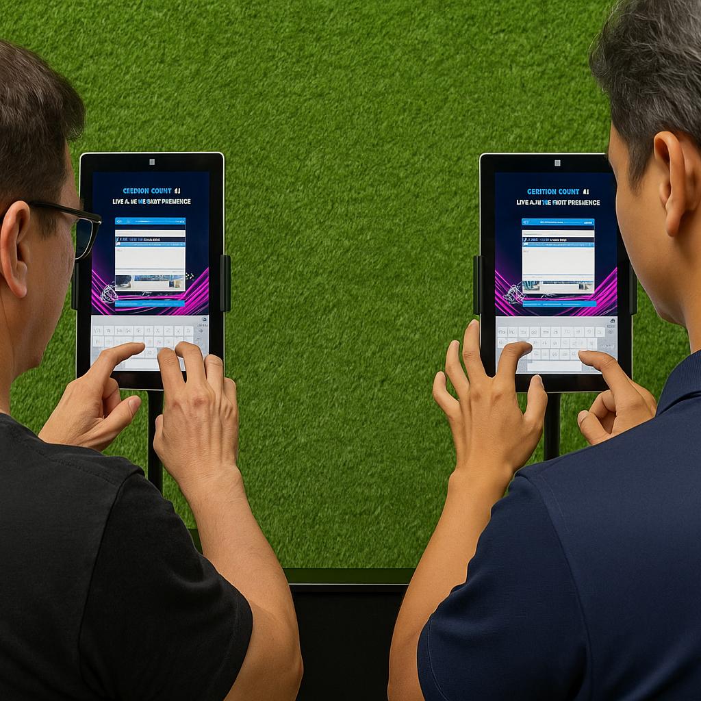 Two people customizing merchandise on tablets using Craft AI at an exhibition stand, with branded mugs and T-shirts displayed in a vibrant, professional setup